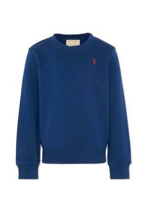 Felpa blu navy a maniche lunghe con polsini e orlo a coste, scollo tondo e piccolo logo rosso sul petto sinistro.