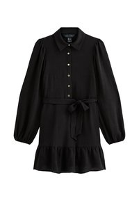 Vestido negro de manga larga con cuello tipo camisa, cierre de botones en la parte delantera, cintura cinturón y dobladillo acampanado. Hecho de una tela texturizada.