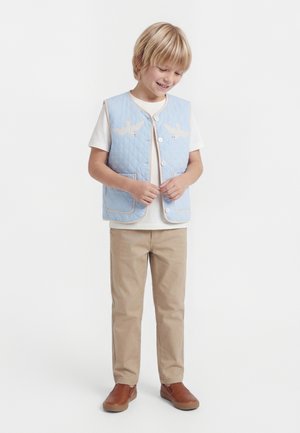 Blond chlapec sa usmieva, má na sebe svetlomodrú prešívanú vestu s vtáčími vzormi, bielu košeľu s krátkym rukávom, béžové nohavice a hnedé topánky, stojí.