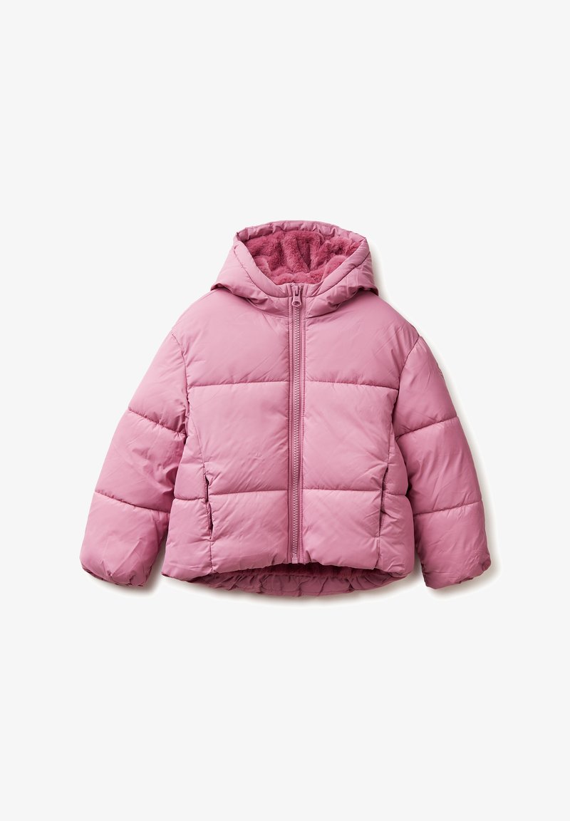 Różowa kurtka puchowa z pikowanym wzorem, kapturem i miękką, teksturowaną podszewką. Posiada przedni zamek błyskawiczny oraz ściągacze na mankietach i u dołu.