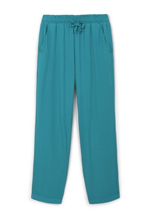 Pantaloni leggeri in teal con vita elastica e cordoncino, tasche laterali e vestibilità rilassata; texture liscia e design a gamba dritta.