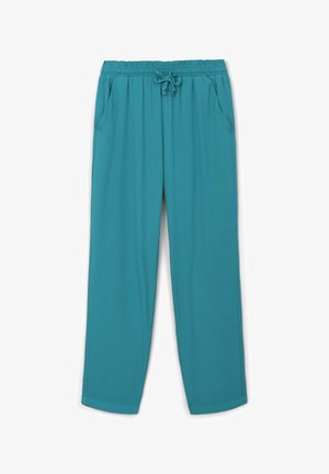 Pantaloni leggeri in teal con vita elastica e cordoncino, tasche laterali e vestibilità rilassata; texture liscia e design a gamba dritta.