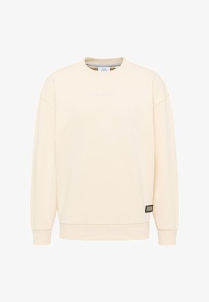 Light beige sweatshirt with a round neck, dropped shoulders, ribbed cuffs, and hem. Features a discreet logo on the front and a side label.