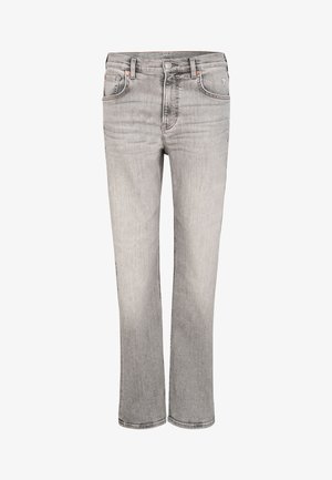 Gray denim jeans with a straight leg design, featuring five pockets, a button closure, and subtle fading details throughout.