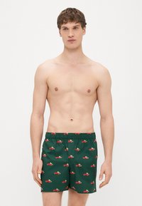 Zielone kąpielówki z elastycznym paskiem, ozdobione powtarzającym się wzorem czerwonych samochodów i drzew. Lekki materiał, luźny krój.