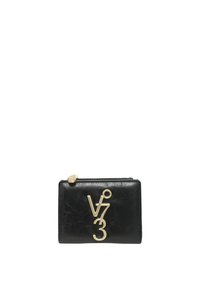Portafoglio in pelle nera con finitura testurizzata, caratterizzato da un logo in tono oro e chiusura con zip. Forma rettangolare compatta, design minimalista.