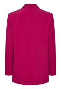 Svěže magentový dámský blazer s klopovým límcem, dlouhými rukávy a středovým švem na zádech, zobrazený zezadu na bílém pozadí.