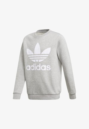 Jasnoszara bluza Adidas z białym logo trefoil i napisem "adidas", z długimi rękawami, ściągaczami na mankietach oraz okrągłym dekoltem.