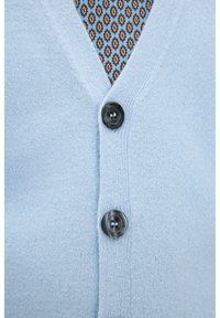 Hellblauer Strickcardigan mit V-Ausschnitt, zwei dunklen Knöpfen und einem kontrastierenden gemusterten Innenfutter in Braun-, Blau- und Weißtönen.