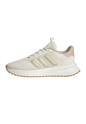 Scarpa da corsa Adidas color beige chiaro con tre strisce beige, suola ammortizzata e suola esterna color gomma, vista laterale su sfondo bianco.