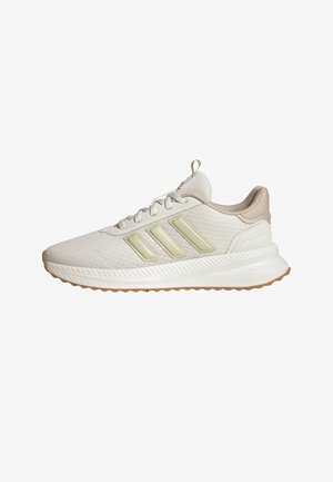 Scarpa da corsa Adidas color beige chiaro con tre strisce beige, suola ammortizzata e suola esterna color gomma, vista laterale su sfondo bianco.