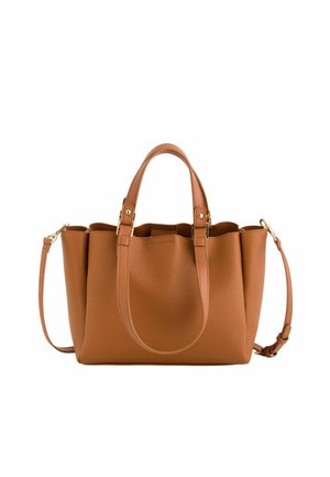 Brown pebbled leather tote bag with two short handles, a detachable long shoulder strap, and a structured rectangular shape.