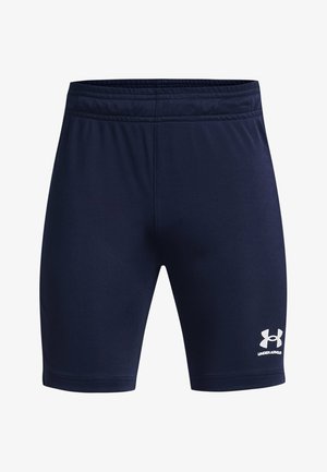 Shorts de sport bleu marine en tissu extensible. Dotés d'une taille élastique et d'un logo Under Armour blanc sur le bas à droite.