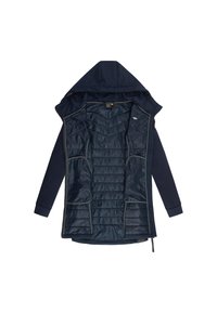 Námornícka bunda s kapucňou, vybavená prešívaným vnútrom a dvoma prednými vreckami. Hladká textúra, s kontrastným sivým zipsom a doplnkami.