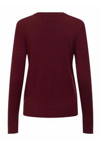 Pull maroon à manches longues avec un col rond et des bords côtelés aux poignets et à l'ourlet. Texture lisse sans motifs ni embellissements visibles.