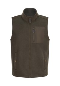 Brauner Fleece-Weste mit hohem Kragen, Frontreißverschluss, Brusttasche auf der linken Seite und zwei Seitentaschen. Sie verfügt über kontrastierendes Material und Hardware in Goldoptik.