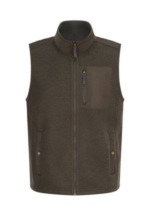 Brauner Fleece-Weste mit hohem Kragen, Frontreißverschluss, Brusttasche auf der linken Seite und zwei Seitentaschen. Sie verfügt über kontrastierendes Material und Hardware in Goldoptik.