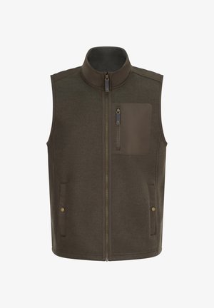 Brown fleece vest with a high collar, front zip, left chest pocket, and two side pockets. Features contrasting material and gold-tone hardware.
