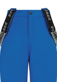 Modré nepremokavé nohavice s nastaviteľnými čiernymi trakovými popruhmi, so zapínaním na gombík a hladkou textúrou, navrhnuté pre vonkajšie aktivity.