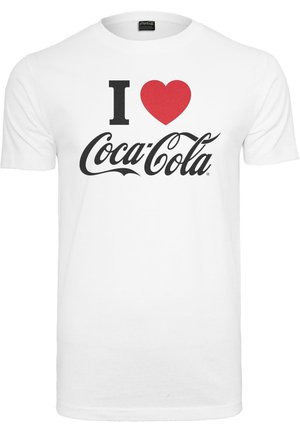 Weißes Baumwoll-T-Shirt mit dem Aufdruck "I ❤️ Coca-Cola" in Schwarz und Rot. Klassisches Rundhalsdesign, kurze Ärmel und normale Passform.