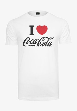 Weißes Baumwoll-T-Shirt mit dem Aufdruck "I ❤️ Coca-Cola" in Schwarz und Rot. Klassisches Rundhalsdesign, kurze Ärmel und normale Passform.