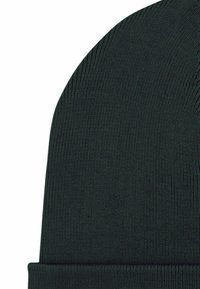 Berretto a maglia verde scuro, caratterizzato da una vestibilità aderente con risvolto arrotolato e texture a coste. Il materiale sembra morbido ed elastico.