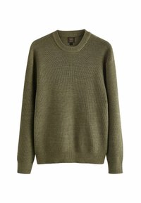 Olijfgroene gebreide trui met lange mouwen, brede ribbelhals en een textuurstof. Eenvoudige, relaxte pasvorm zonder zichtbare patronen of hardware.