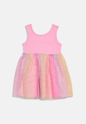 Ermeløs småbarnskjole med ensfarget rosa liv og flerfarget pastell tyllskjørt i nyanser av gult, blått og rosa.