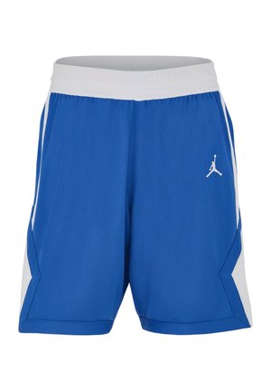 Blauwe mesh sportshorts met witte tailleband, witte zijpanelen en een klein wit Jumpman-logo op het rechterbeen.
