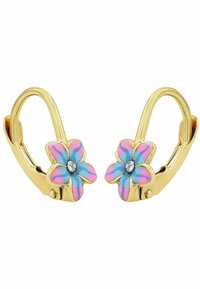 Pendientes en tono dorado con un diseño de flor que tiene pétalos azules y rosas, y una pequeña piedra clara en el centro. Cierre tipo palanca.