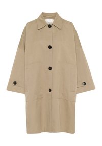 Beige oversized bunda s ostrým límcem, předním zapínáním na knoflíky a velkými našitými kapsami. Obsahuje černé knoflíky a hladkou texturu.