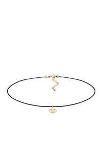 Sort snor choker med en gylden øjevedhæng, der har en central ædelsten. Inkluderer en gylden lås og justerbar kæde til tilpasning af størrelsen.