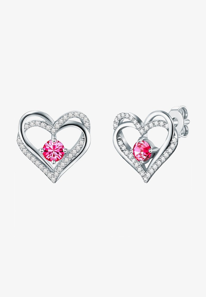 Silver heart-shaped earrings featuring pink central stones surrounded by clear accents, with a polished finish and interlocking design.