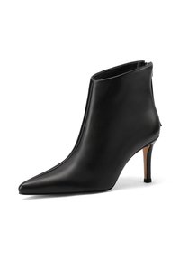 Stivaletto in pelle nera con punta affusolata, design elegante, tacco a stiletto sottile e chiusura con zip laterale. Texture liscia.