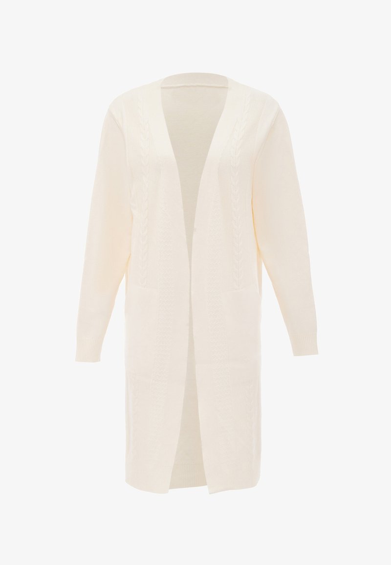 Dlouhý krémový kardigán vyrobený z měkké pletené tkaniny, s copánkovými vzory na přední části, otevřeným předním dílem a dvěma velkými kapsami.
