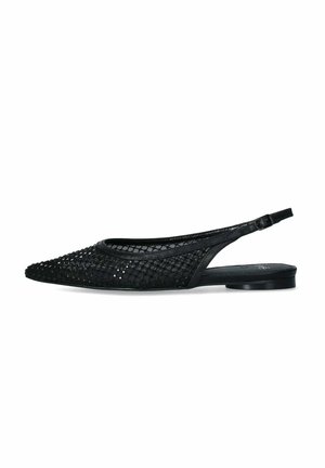 Pantofole slingback in rete nera con punta a forma di cono, caratterizzate da un design intrecciato e un tacco flat, che offrono una struttura leggera e traspirante.