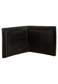 Portafoglio in pelle nera con un design slim. Presenta scomparti per carte a sinistra e una tasca per monete con flap a destra. Texture liscia.