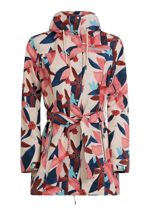 Lang blomsterregnfrakke med pink, røde og blå blomster, justerbart bælte i taljen, lynlåslommer i siden og hætte med snoretræk.