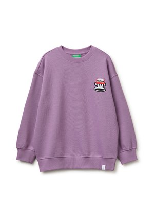 Paarse trui met lange mouwen, geribbelde manchetten en zoom, met een klein Paul Frank aapjeslogo patch op de linkerborst.