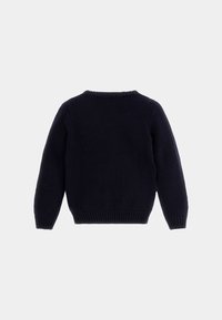 Granatowy sweter robiony na drutach z długimi rękawami, okrągłym dekoltem oraz żebrowanymi mankietami i dolnym brzegiem. Tył swetra ma prosty design bez ozdób.