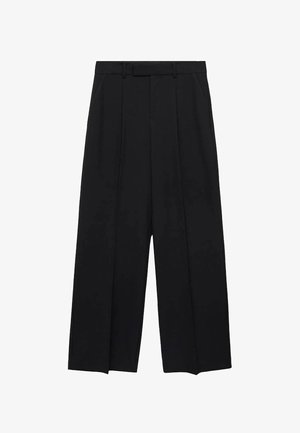 Czarne spodnie szerokie w nogawkach z wysokim stanem, plisami i szlufkami na pasek. Wykonane z gładkiej tkaniny, z dopasowaną sylwetką i czystymi liniami.