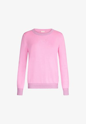 Maglione rosa realizzato in un materiale morbido, con maniche lunghe, scollatura rotonda e polsini e orlo a coste con un discreto dettaglio del logo.