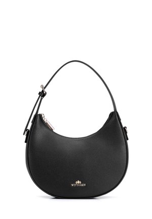 Borsa curva in pelle nera testurizzata con tracolla corta regolabile e cerniera dorata, con piccolo logo Wittchen dorato al centro davanti.