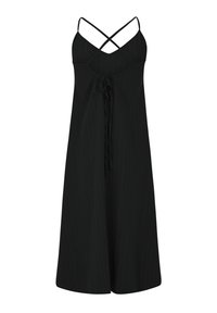 Schwarzes Kleid mit Spaghettiträgern und einem kreuzförmigen Design am Rücken. Es hat eine Schleifenverzierung an der Taille und eine fließende, A-Linien-Form.
