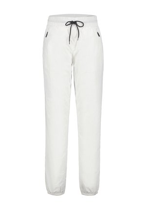 Weiße, leichte Jogger-Hosen mit elastischem Bund und verstellbarem schwarzen Kordelzug. Zwei seitliche Taschen und schmal zulaufende Bündchen. Glatte Textur.
