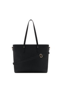 Zwarte tote bag van gestructureerd materiaal met twee bovenhandvatten en een afneembare schouderriem. Voorzien van accenten in goudkleurige hardware.