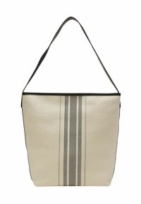 Beżowa torba na ramię z czarnymi pionowymi paskami wzdłuż środkowej części, czarnym wykończeniem i pojedynczym czarnym paskiem na ramię.