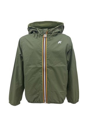 Giacca con cappuccio verde oliva con cerniera verticale multicolore e polsini elasticizzati, con un piccolo logo bianco sul petto.
