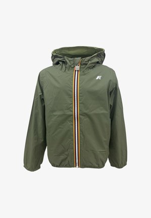 Olivno zelena jakna s kapuco, z večbarvnim navpičnim zadrgo in elastičnimi manšetami, na prsih pa majhen bel logotip.