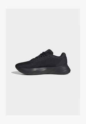 Black athletic shoes with a mesh upper, textured surface, and a molded midsole for support. Features traditional lacing and a cushioned heel.